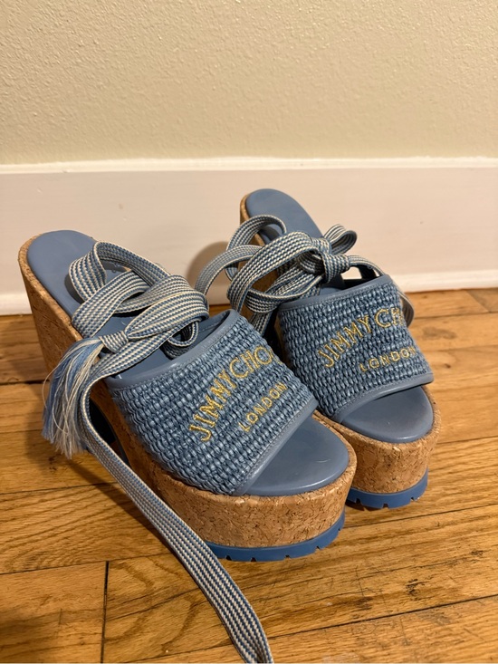 Jimmy Choo Shoes - Jimmy Choo Gal Wedge 130 Raffia- Powder Blue Woven Cork Lace-Up Platform Sandals